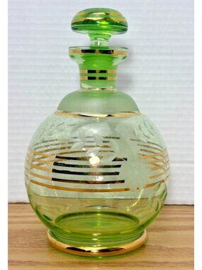 Vintage Light Green Glass Decanter Gold Trim Stopper Barware MCM Style